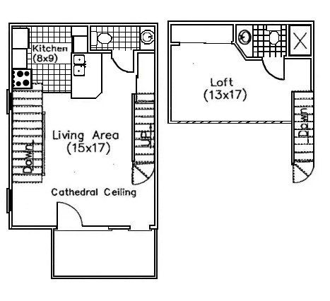 A black and white floor plan of a house with a living area and a loft.