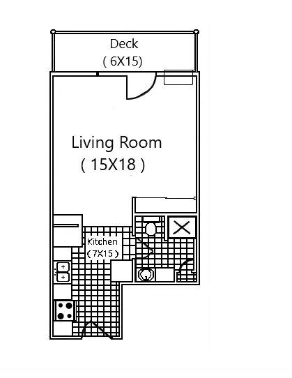 A black and white floor plan of a living room with a deck.