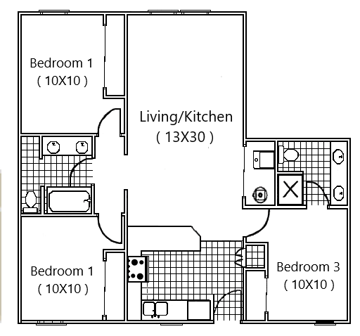 A black and white floor plan of a house with three bedrooms and a living room.