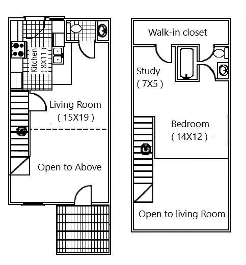 A black and white floor plan of a house with a living room and a bedroom.