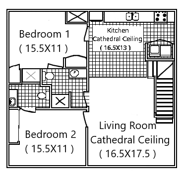 A black and white floor plan of a house with two bedrooms and a living room.