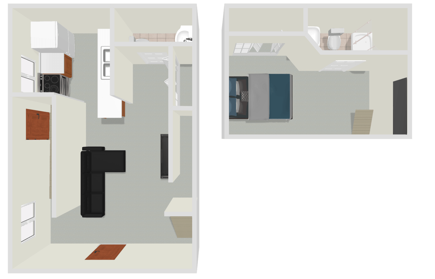 A 3d floor plan of a house with a kitchen and a living room.