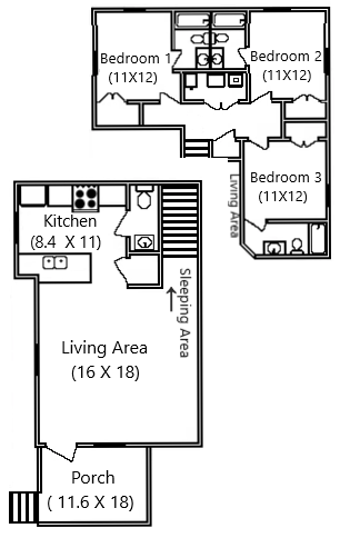 A black and white floor plan of a house with three bedrooms and a porch.