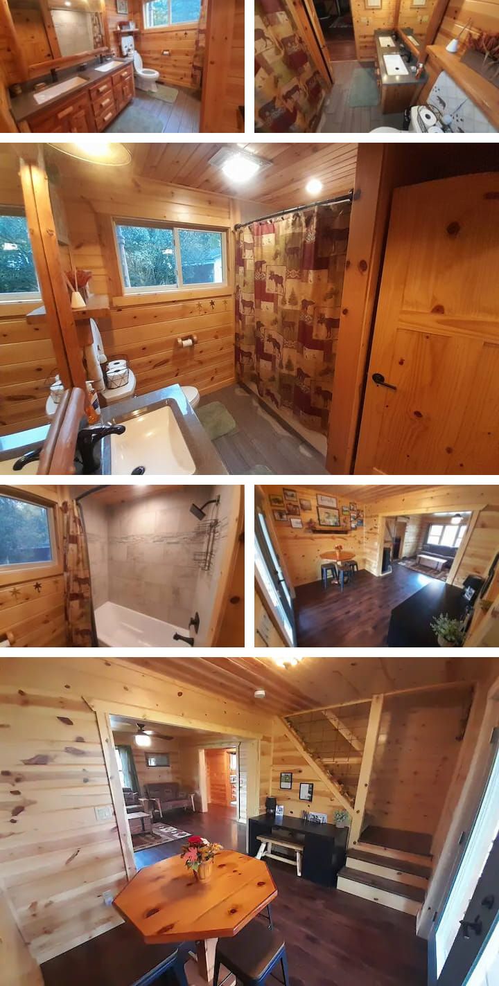 Cozy, wooden cabin interior with kitchen, living room, bathroom, and loft. Natural light throughout.