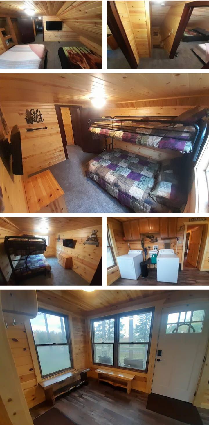 Interior views of a wooden cabin, including a bedroom with bunk beds, a kitchen, and a living area with windows.