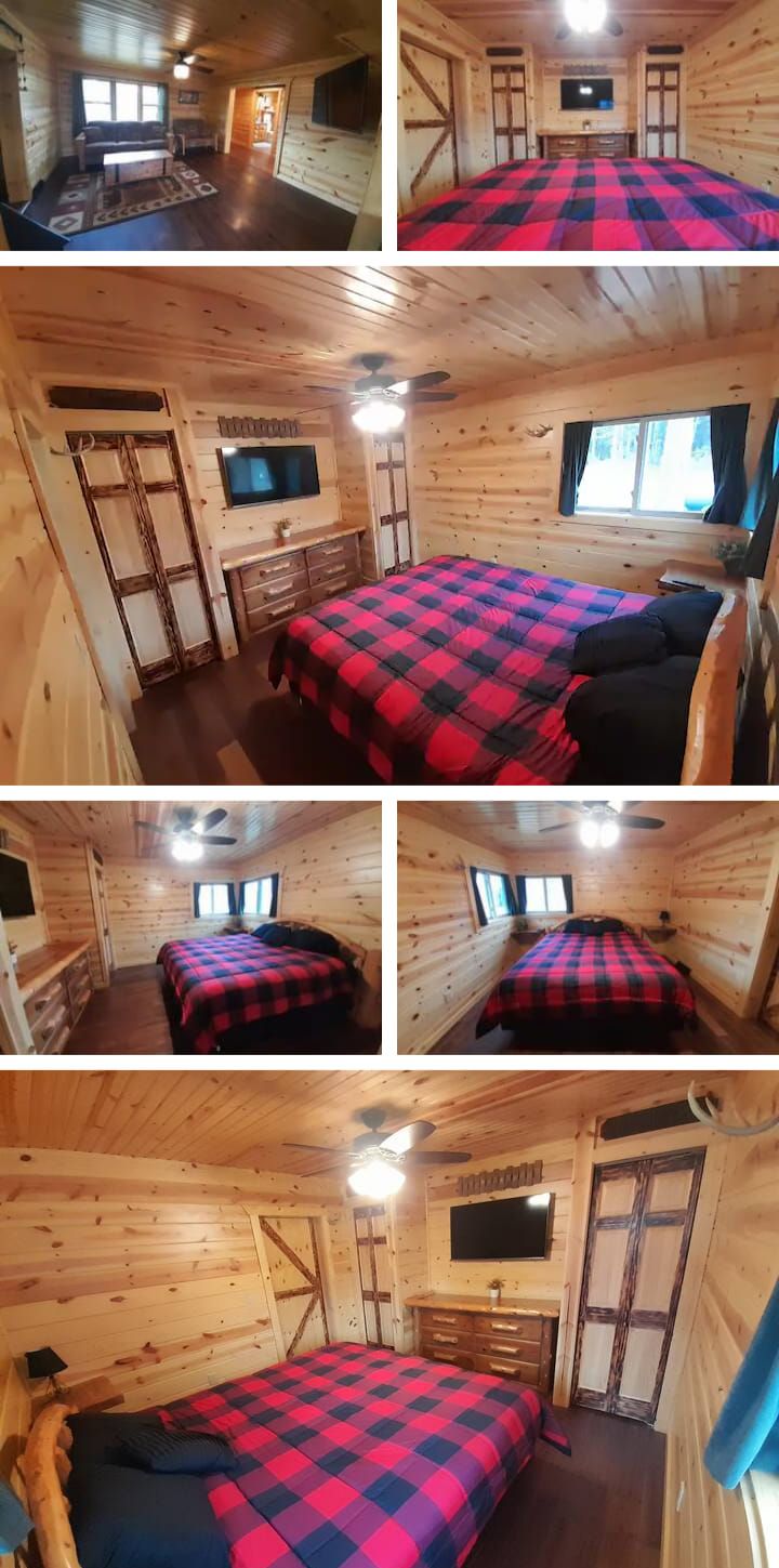 Various views of a small, wood-paneled cabin interior with a bed featuring a red and black plaid comforter.