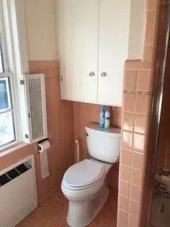 Pink-tiled bathroom with a white toilet, cabinet, and radiator. A window and tissue holder are present.