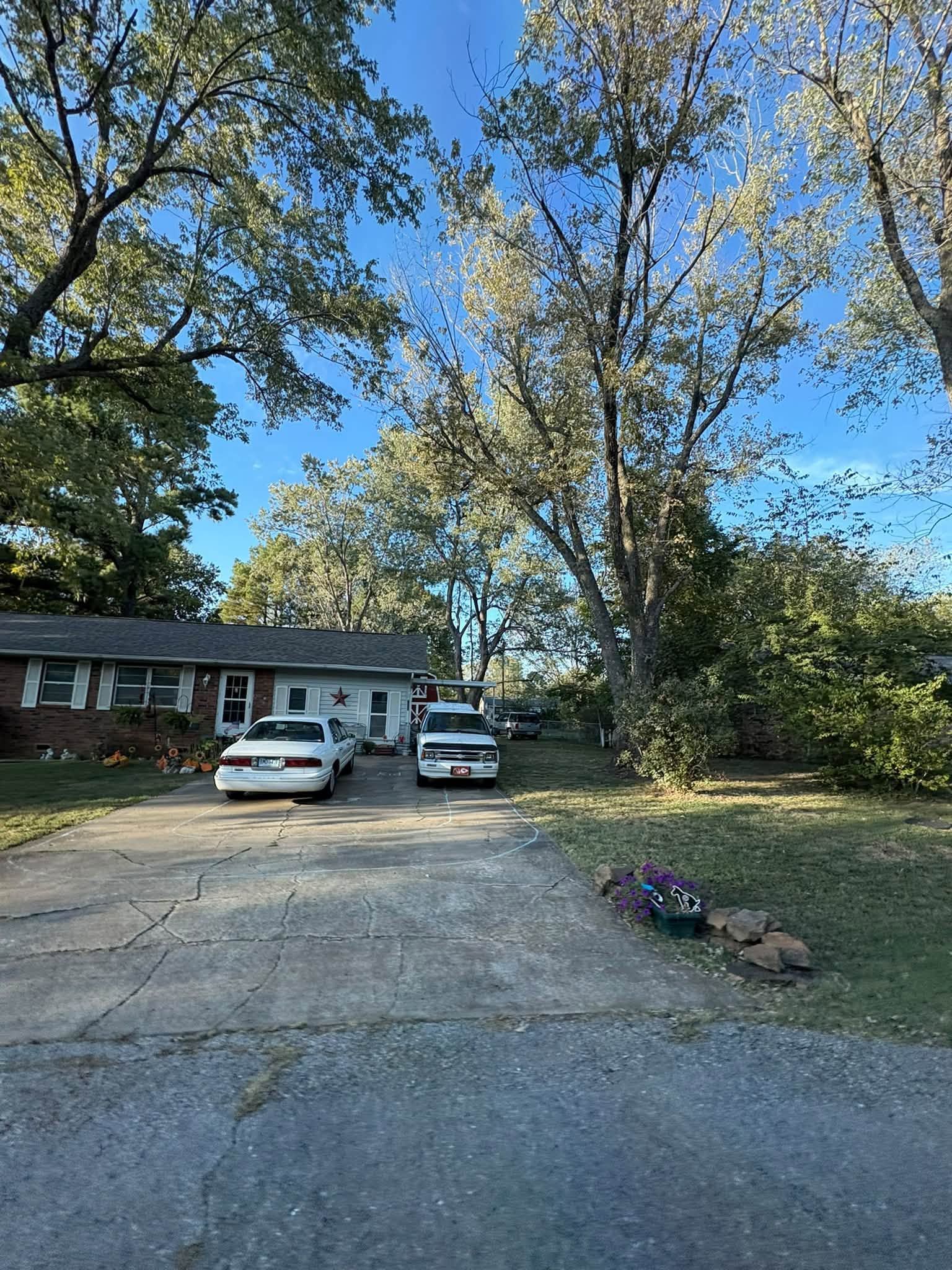 Suburban driveway with two parked cars, large trees, and a single-story house under a blue sky.