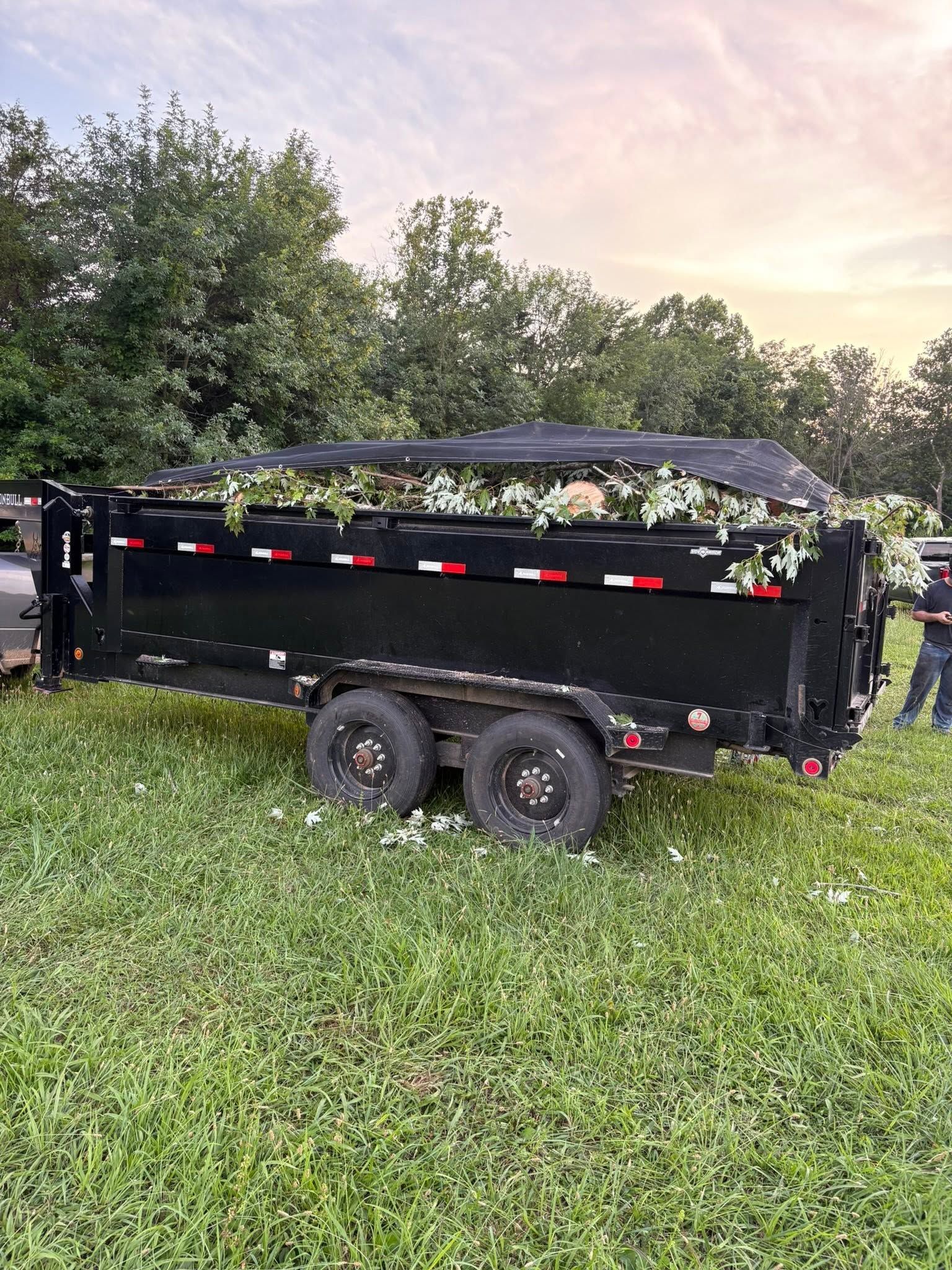 Black dump trailer with two axles parked in a grassy field at dusk, with trees in the background