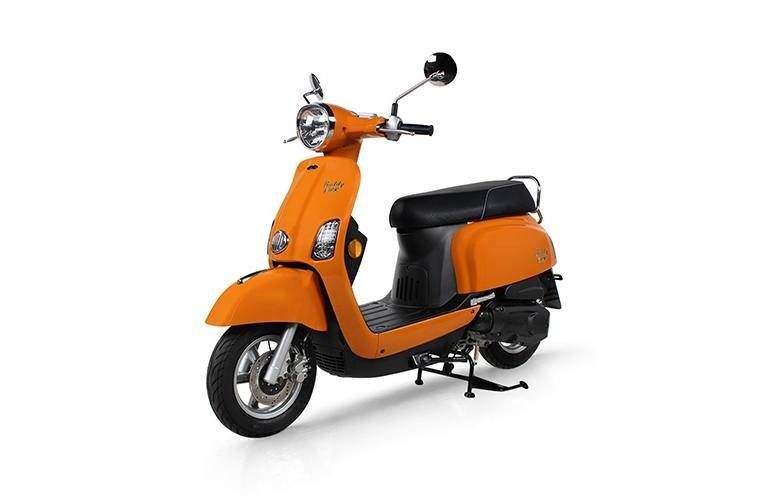 A bright orange moped with a black seat and black floor mat, shown from a side angle against a white background.