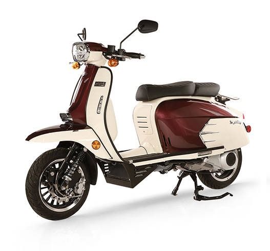 A two-toned maroon and cream vintage-style motor scooter parked on its kickstand against a plain white background.