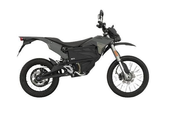 A dark grey Zero FX electric dual-sport motorcycle viewed from the side against a plain white background.
