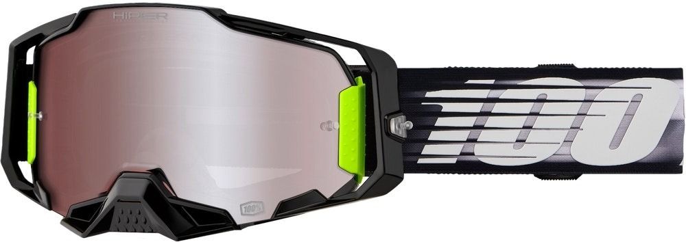 Black 100% motocross goggles with a mirrored lens and bright green accents on a black strap with white branding.