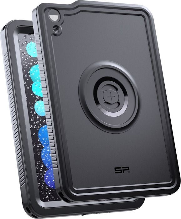 A black smartphone case featuring a circular mounting mechanism on the back and a rugged, textured frame.