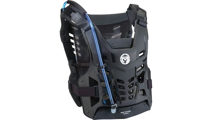 A black protective chest protector and hydration pack with a blue drinking tube against a white background.