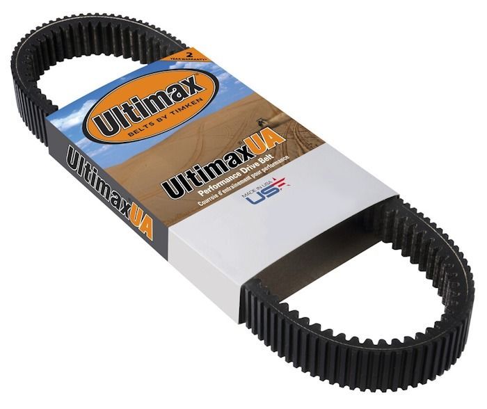 An Ultimax UA performance drive belt in its product packaging, featuring the brand logo on a tan and blue label.