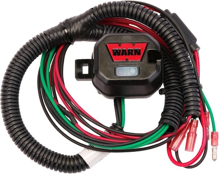 A black Warn winch contactor assembly with coiled protective wiring and red, green, and black wire leads.