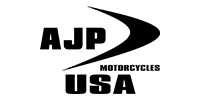 Logo for AJP Motorcycles USA featuring the letters AJP and USA with a black swoosh design.