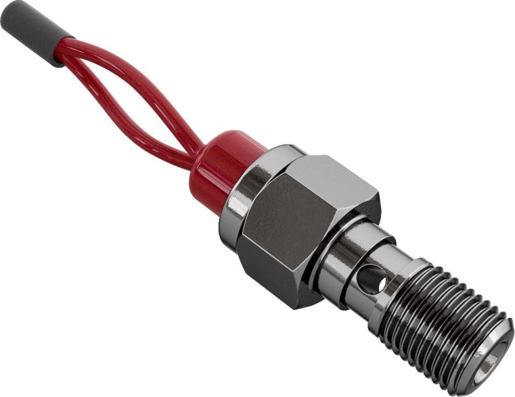 A metal hydraulic pressure sensor with a threaded base, a hexagonal mounting nut, and a red wired connector.