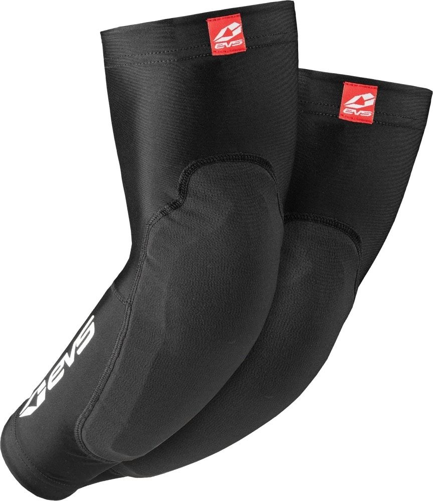 A pair of black EVS elbow pads featuring a sleek, protective sleeve design and prominent red brand logos.