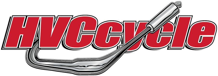 Logo for HVCcycle, featuring the brand name in red text with a silver motorcycle exhaust pipe integrated underneath.