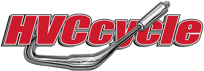 Logo for HVCcycle, featuring the brand name in red text with a silver motorcycle exhaust pipe integrated underneath.