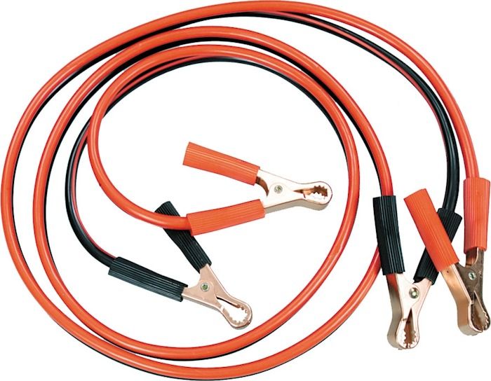 A pair of orange and black jumper cables with metal clamps on a white background.