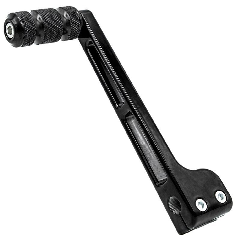A black motorcycle gear shift lever with a knurled peg and mounting hardware.