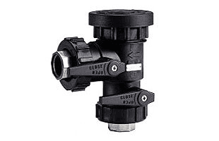 A close up of a black valve on a white background