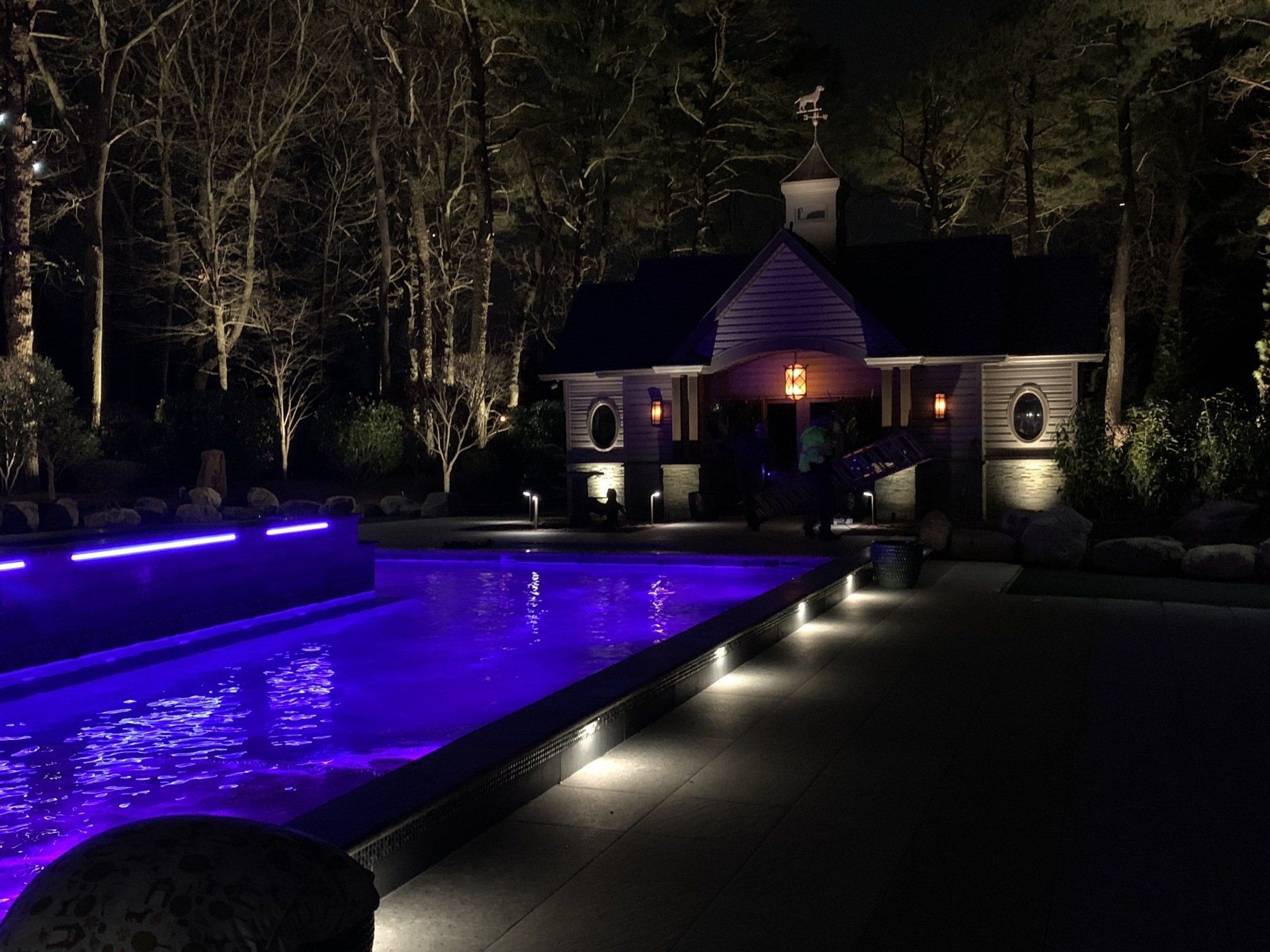 A large swimming pool with purple lights