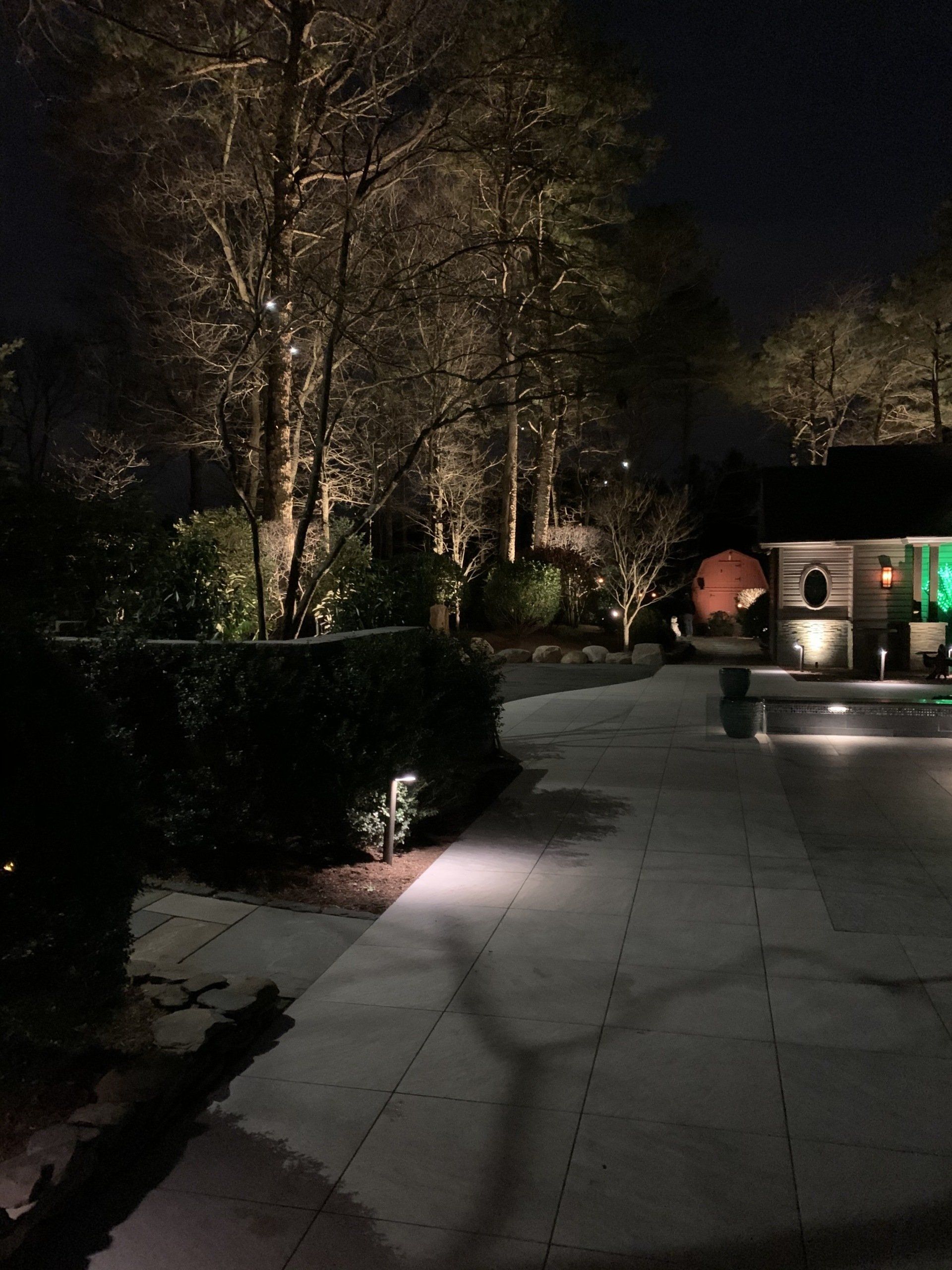 A patio is lit up at night with trees in the background