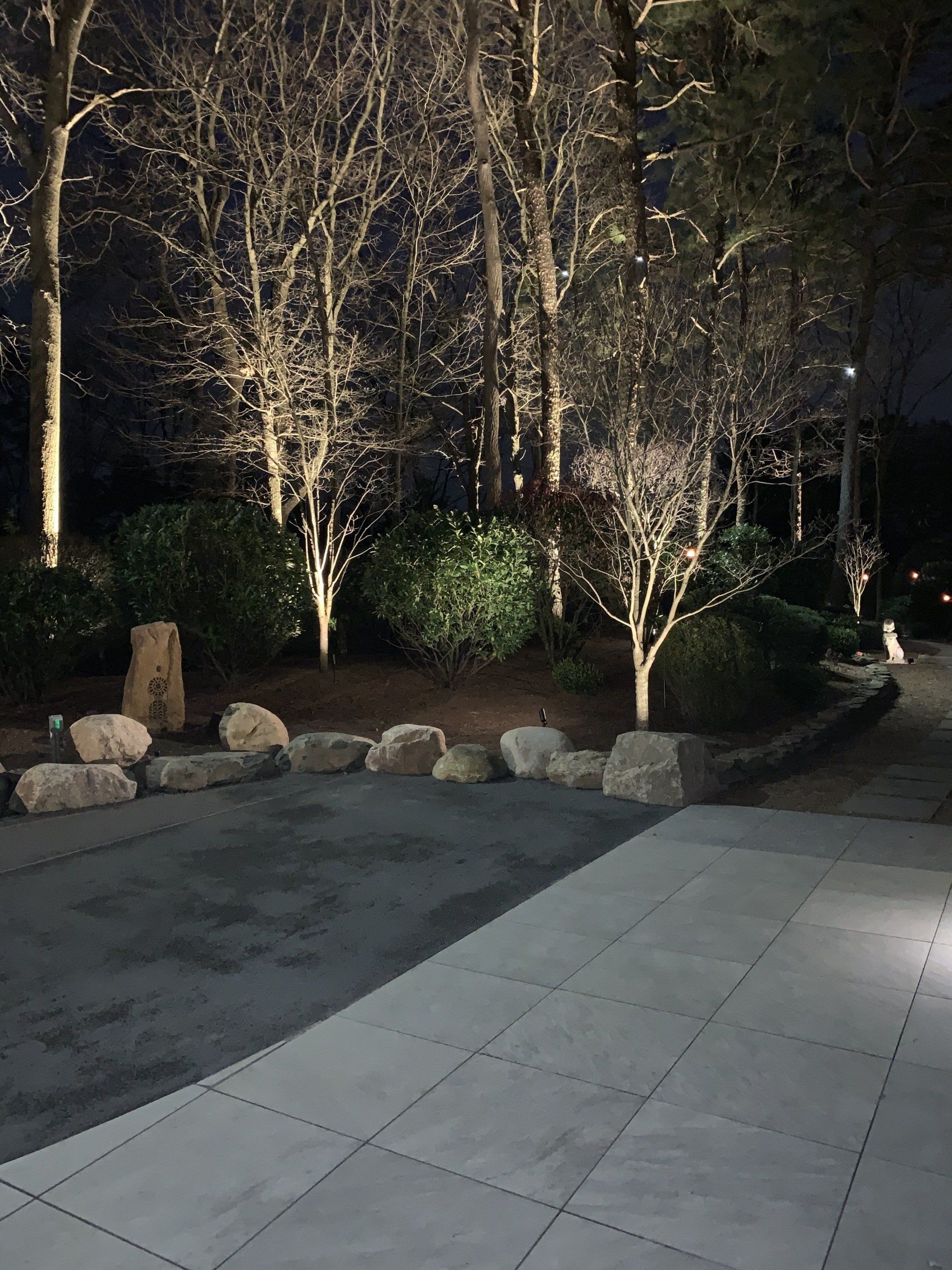 A patio is lit up at night with trees in the background