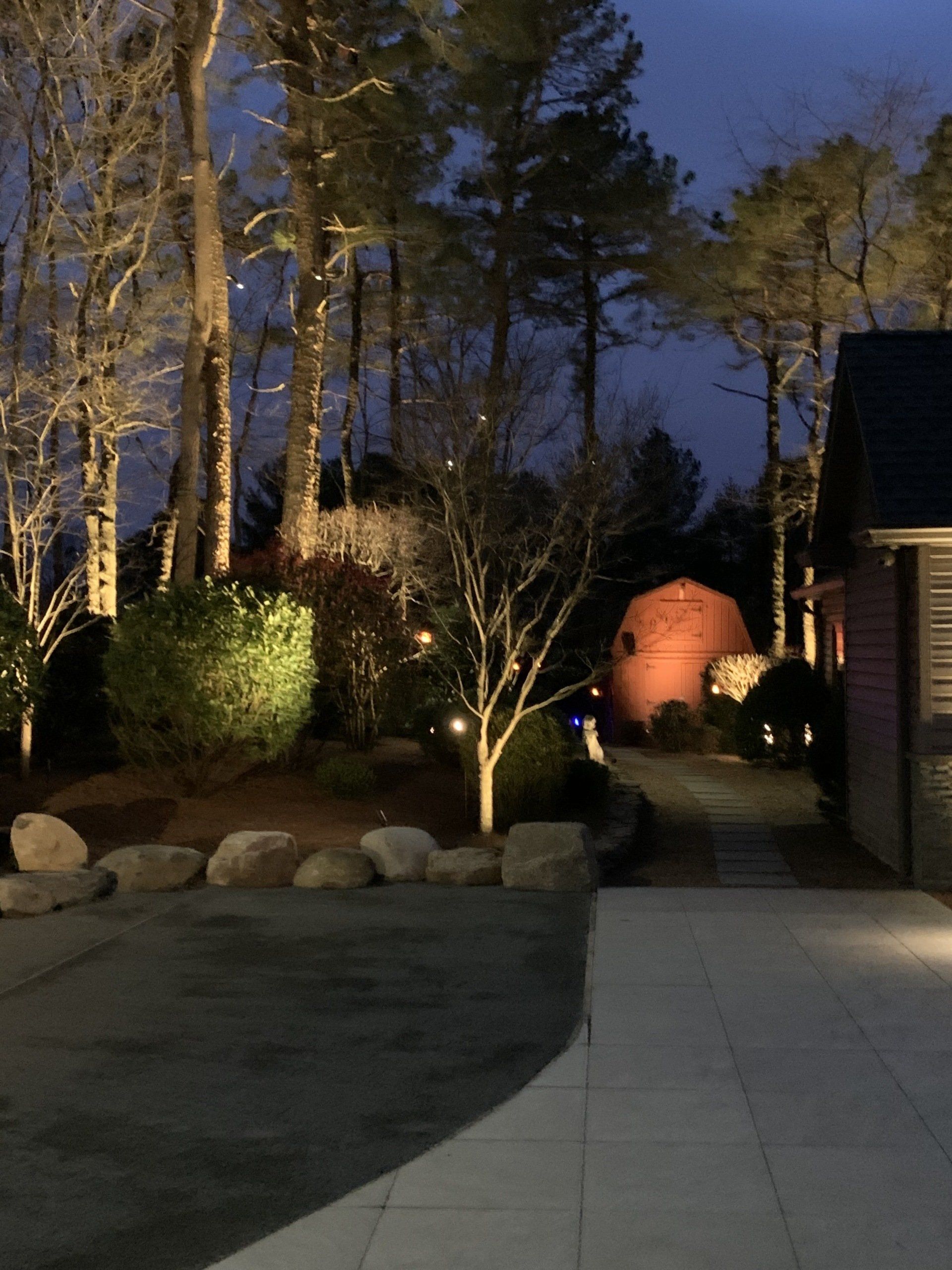 A driveway leading to a house with trees lit up at night