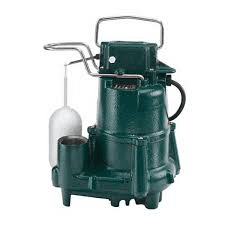A green sump pump with a float attached to it on a white background