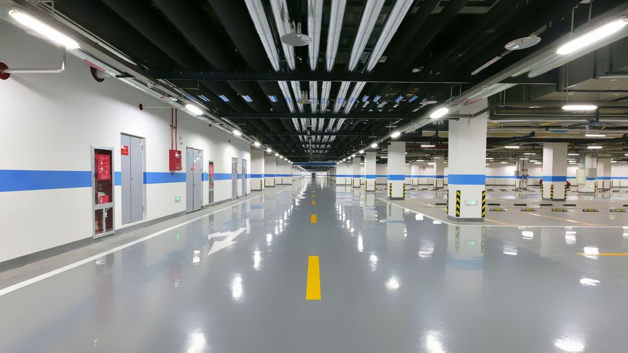 Empty underground parking garage with polished gray floor, white pillars, and overhead lights