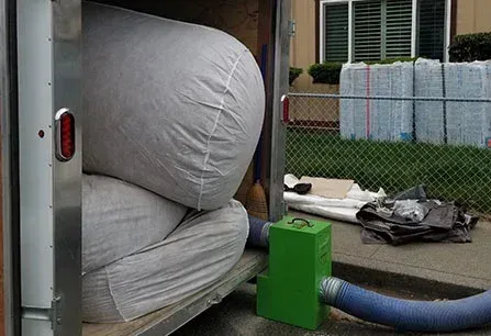 Gray inflatable cushion loaded in a vehicle, with a green box and blue hose beside it.