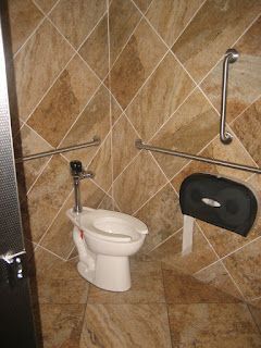 Accessible public restroom with toilet, grab bars, and paper towel dispenser. Brown tile background.