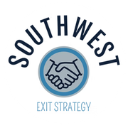 Logo for Southwest Exit Strategy: Handshake icon within a blue circle, "Southwest" arched above, "Exit Strategy" below.
