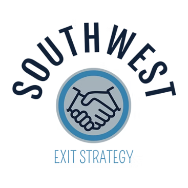 Logo for Southwest Exit Strategy: Handshake icon within a blue circle, "Southwest" arched above, "Exit Strategy" below.