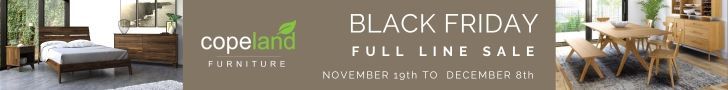 Copeland Furniture Black Friday sale, featuring bedroom and dining room furniture in a modern setting.