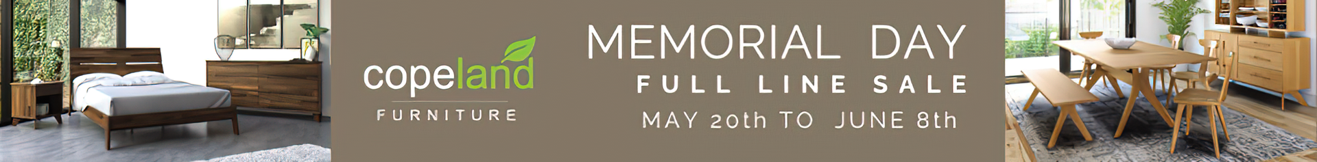 Patio bedroom set ad with bed, trees, and text: “MEMORIAL DAY FURNITURE SALE.”