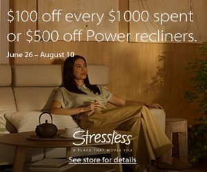 Woman relaxing on a beige recliner beside a teapot, with sale text for Stressless power recliners.