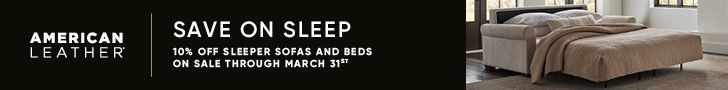 American Leather advertisement, Save on Sleep, depicting a beige sofa bed. On sale through March 31st.