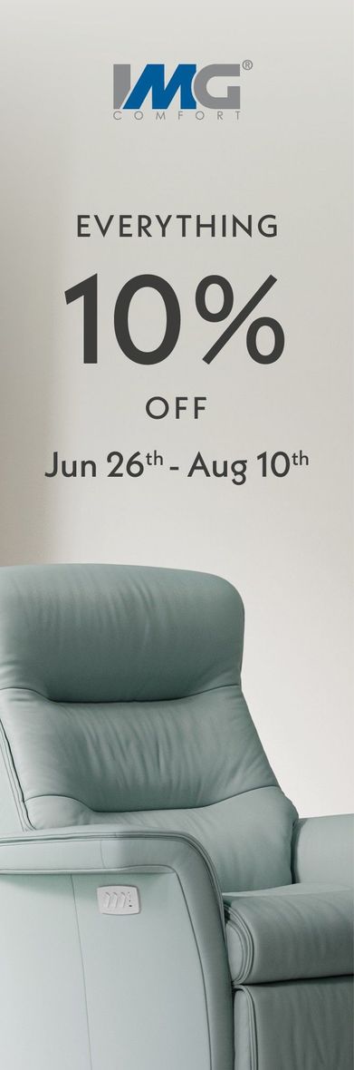 IMG ad featuring a pale green chair and the text “Everything 10% off, Jun 26–Aug 10”