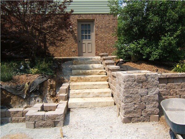 A set of stone stairs leading up to a house
