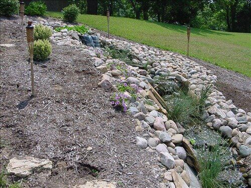 Landscaped grounds with mulch and decorative stone.