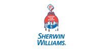 Sherwin-Williams logo with a red paint can pouring over a blue globe and blue text below