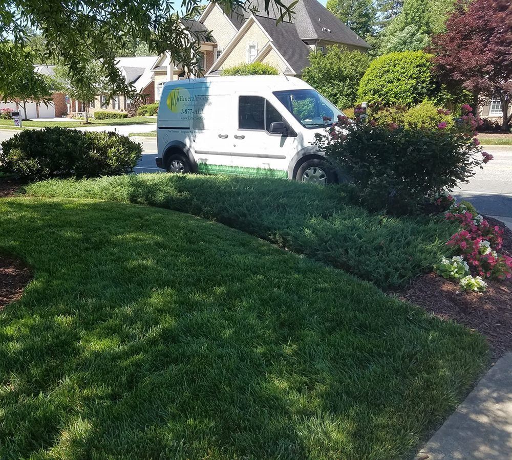 White service van parked on a residential street, grass lawn and flowerbeds in front.
