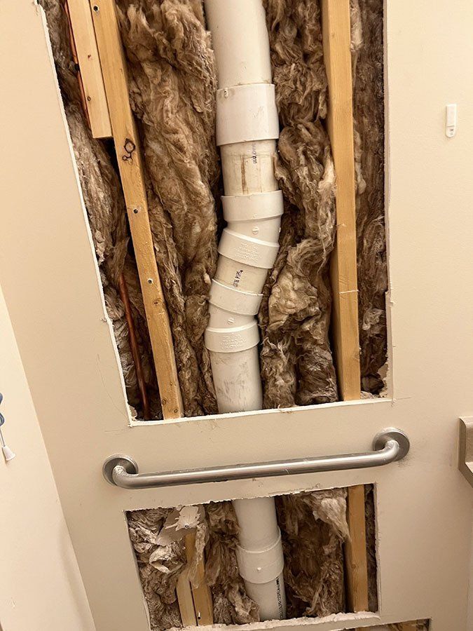 Plumbing pipes exposed in a wall, near a metal grab bar; insulation and wood framing are visible.