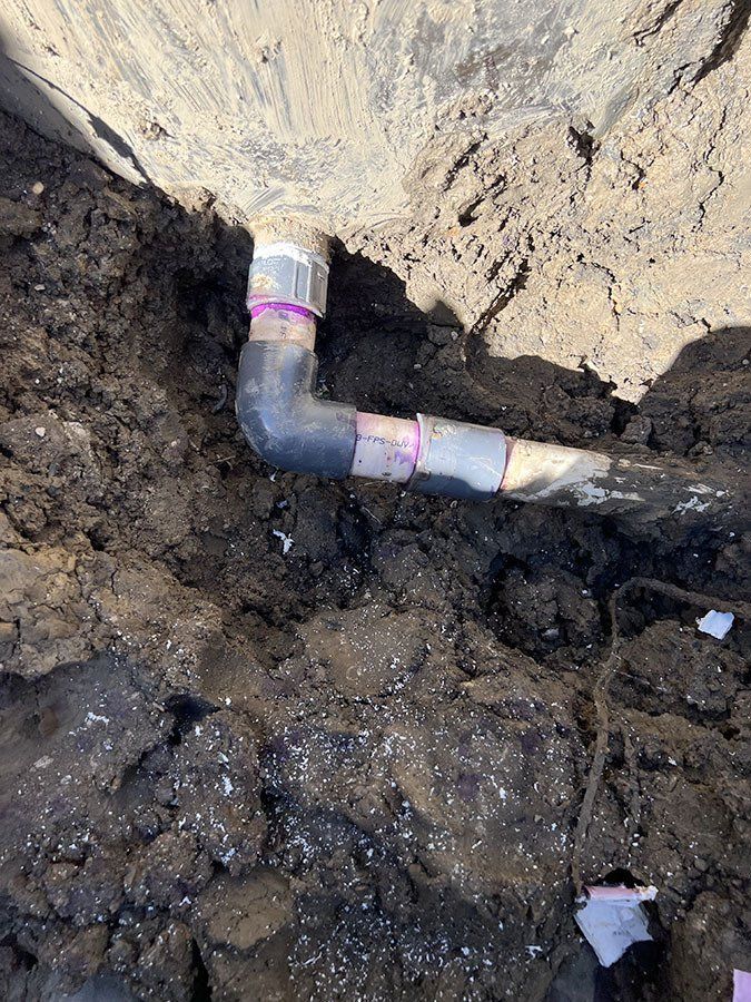 Black pipe fitting in a hole filled with dirt. Purple fittings connect pipe segments.